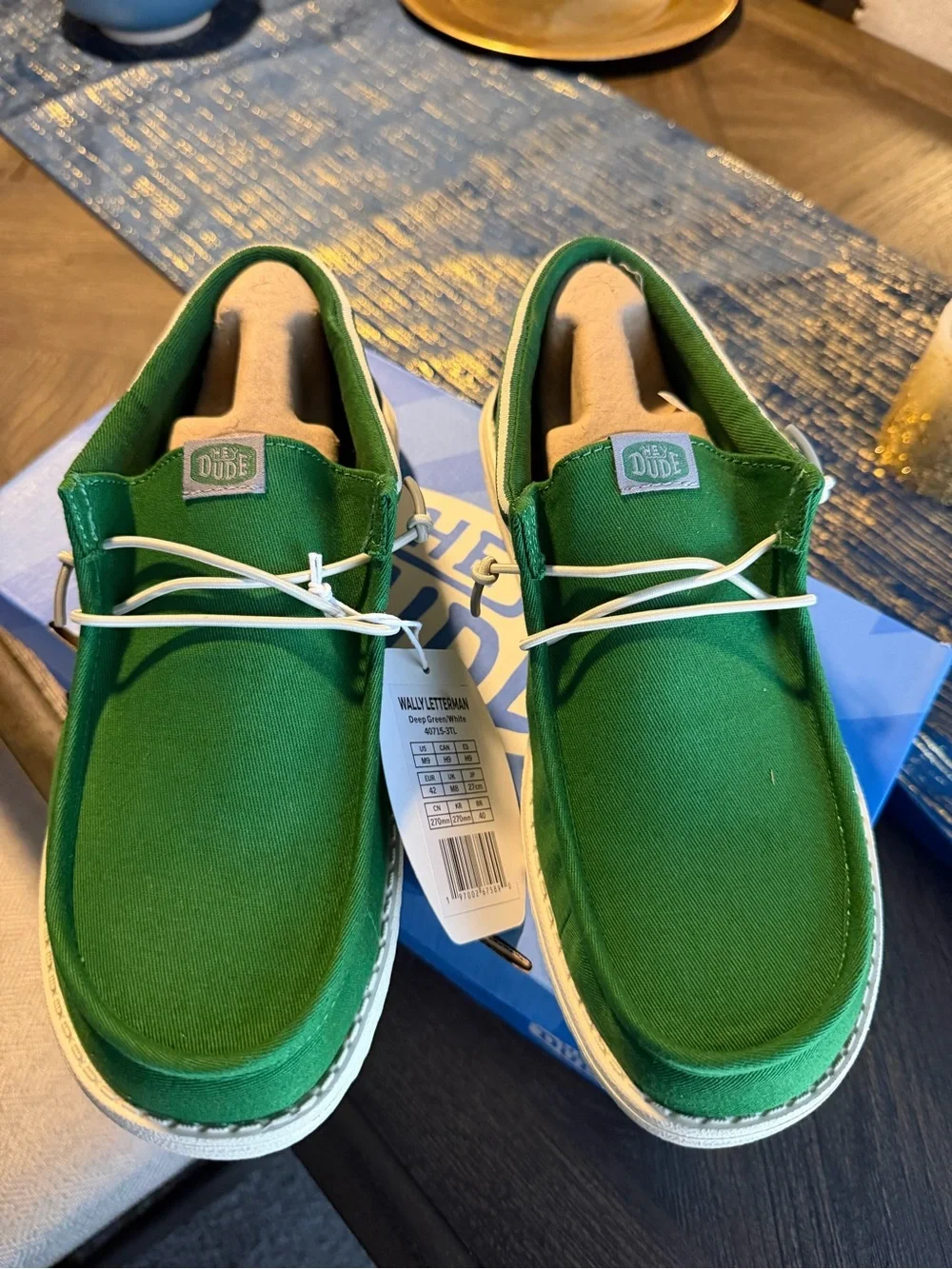 Hey Dude Green Canvas Slip-On Boat Shoes with Gray Heel